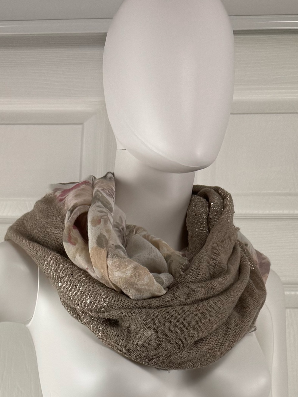 Lightweight Taupe Infinity Scarf with Soft Floral Panel